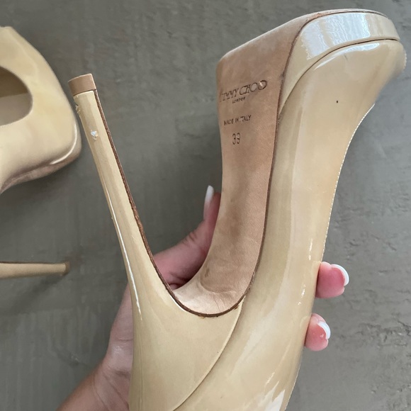 Jimmy Choo Nude Patent Crown Peep Toe Platform Pumps Size 39